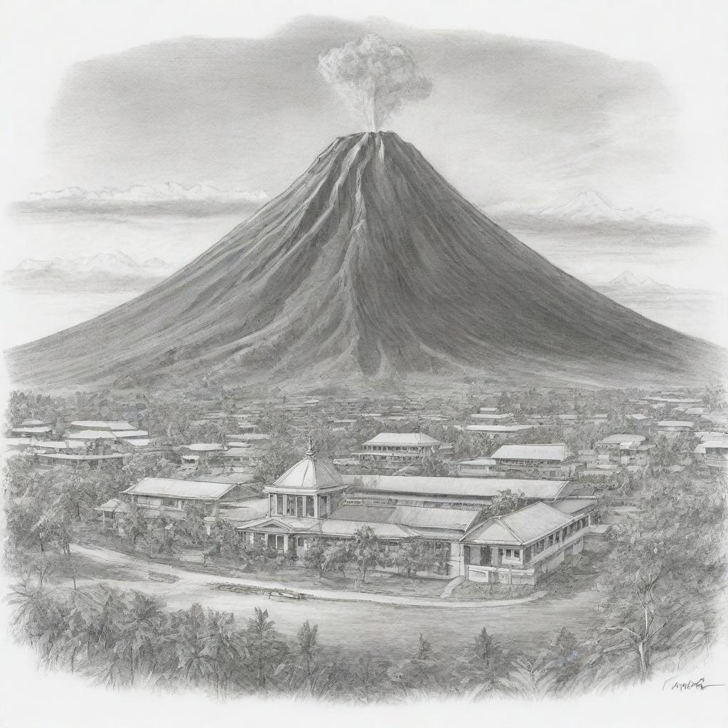 A meticulous sketch of a school's mission and vision represented symbolically, with the majestic Mayon Volcano serving as the backdrop