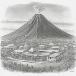 A meticulous sketch of a school's mission and vision represented symbolically, with the majestic Mayon Volcano serving as the backdrop