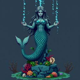 A pixelated statue of an ancient, mystical mermaid for a temple setting