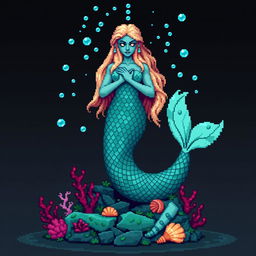 A pixelated statue of an ancient, mystical mermaid for a temple setting