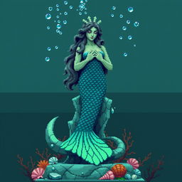 A pixelated statue of an ancient, mystical mermaid for a temple setting