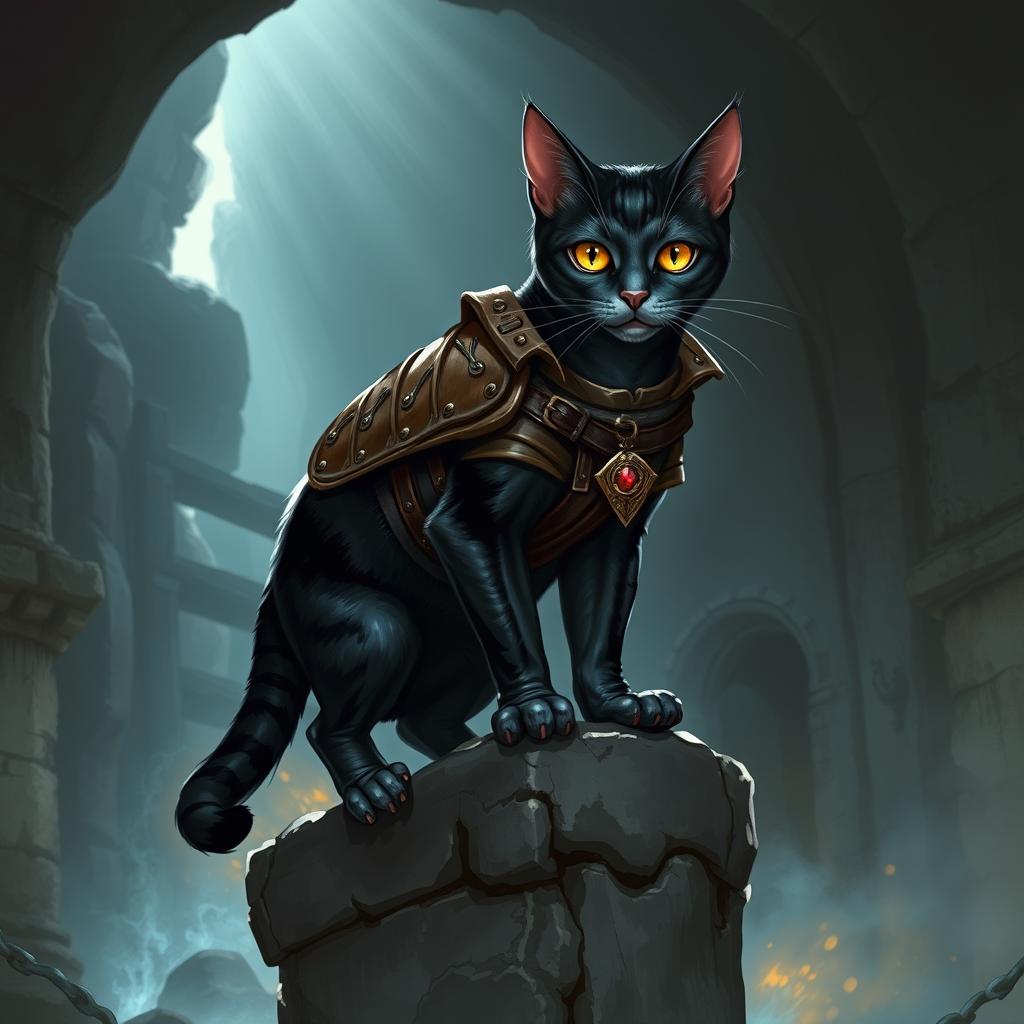 A striking Dungeons and Dragons-style cat, illustrated as a sleek and agile feline with a glossy coat featuring rich shades of black and silver