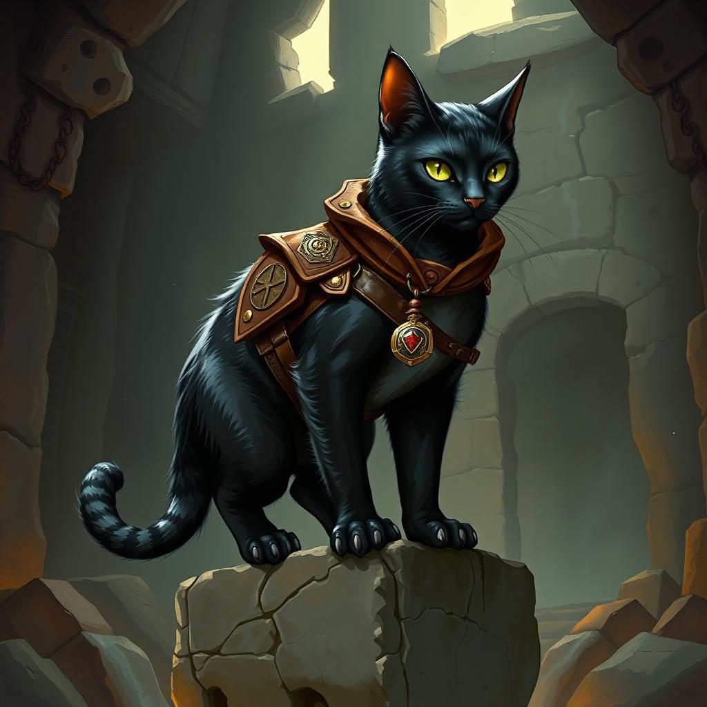 A striking Dungeons and Dragons-style cat, illustrated as a sleek and agile feline with a glossy coat featuring rich shades of black and silver