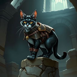 A striking Dungeons and Dragons-style cat, illustrated as a sleek and agile feline with a glossy coat featuring rich shades of black and silver