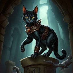 A striking Dungeons and Dragons-style cat, illustrated as a sleek and agile feline with a glossy coat featuring rich shades of black and silver