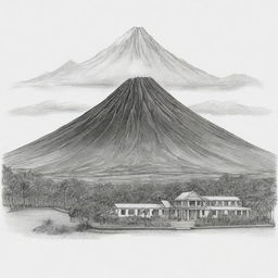 A meticulous sketch of a school's mission and vision represented symbolically, with the majestic Mayon Volcano serving as the backdrop