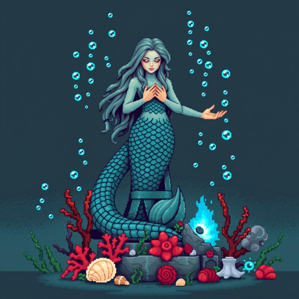 A pixelated statue of an ancient, mystical mermaid for a temple setting