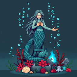 A pixelated statue of an ancient, mystical mermaid for a temple setting