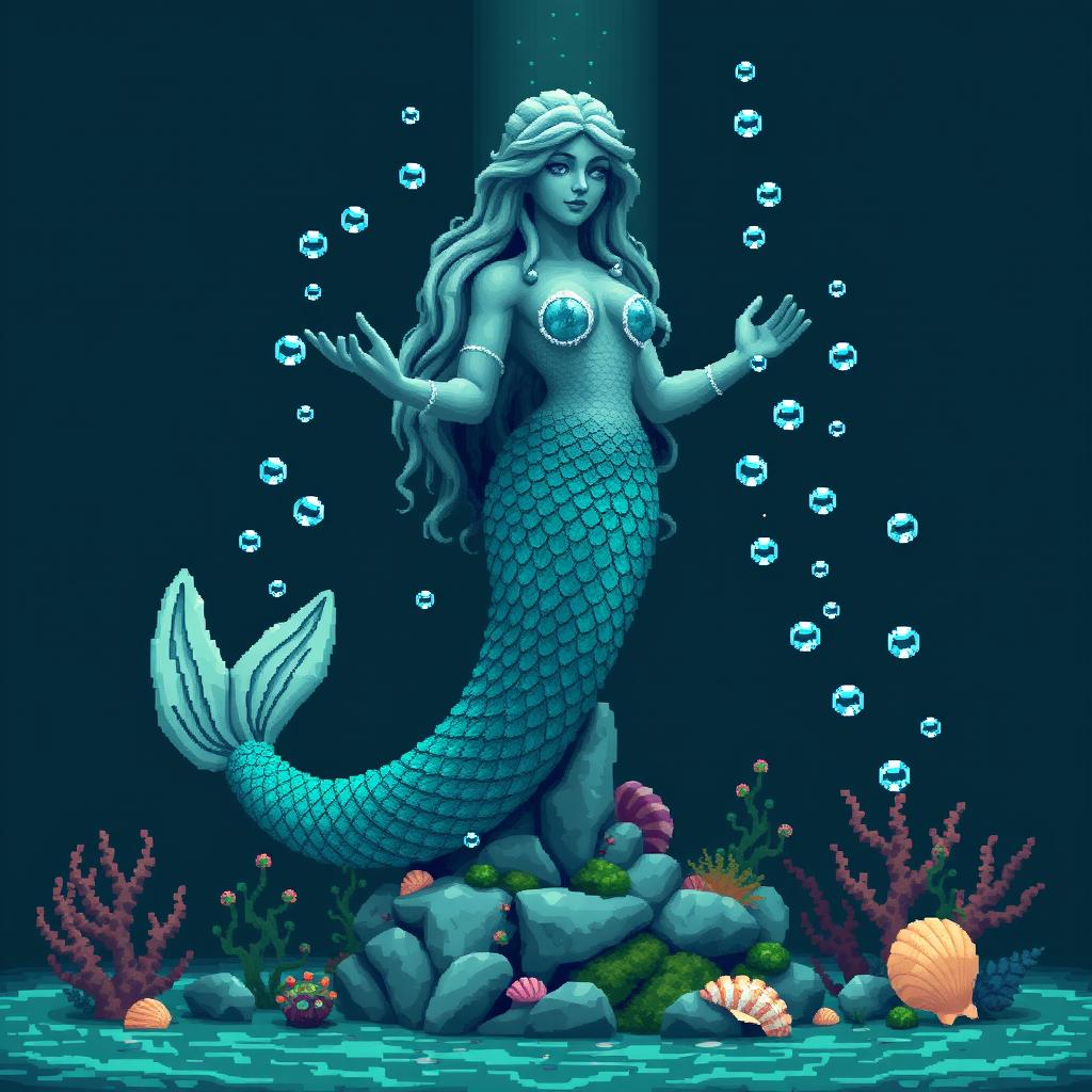 A pixelated statue of an ancient, mystical mermaid for a temple setting