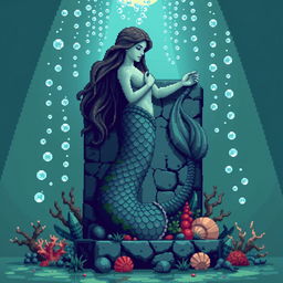 A pixelated statue of an ancient, mystical mermaid for a temple setting