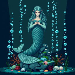 A pixelated statue of an ancient, mystical mermaid for a temple setting