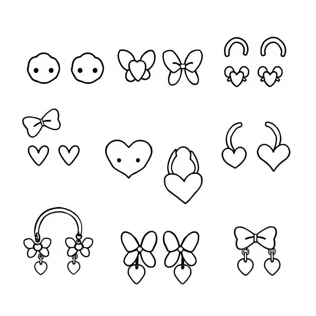 A kawaii-style coloring page featuring a variety of cute earrings, including studs, hoops, and dangling styles