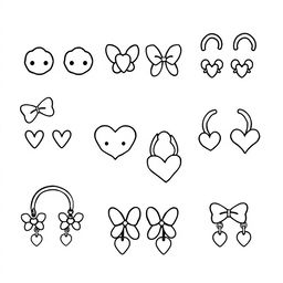 A kawaii-style coloring page featuring a variety of cute earrings, including studs, hoops, and dangling styles