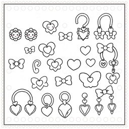 A kawaii-style coloring page featuring a variety of cute earrings, including studs, hoops, and dangling styles