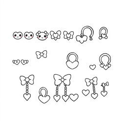 A kawaii-style coloring page featuring a variety of cute earrings, including studs, hoops, and dangling styles