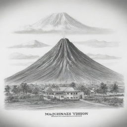 A meticulous sketch of a school's mission and vision represented symbolically, with the majestic Mayon Volcano serving as the backdrop