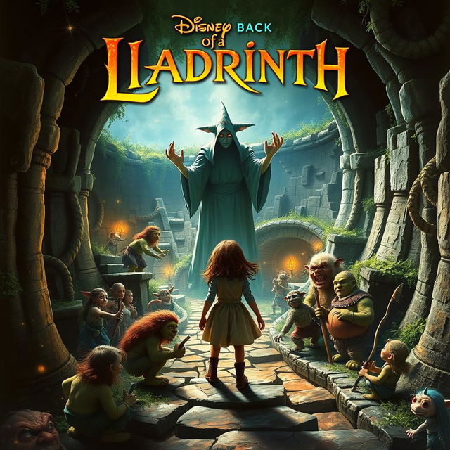 A captivating movie poster depicting a young girl courageously searching for her brother in a fantastical labyrinth