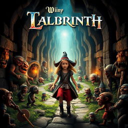 A captivating movie poster depicting a young girl courageously searching for her brother in a fantastical labyrinth