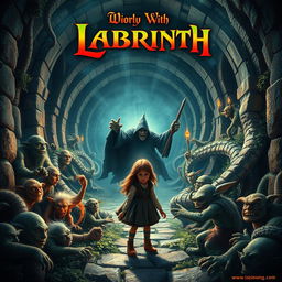 A captivating movie poster depicting a young girl courageously searching for her brother in a fantastical labyrinth