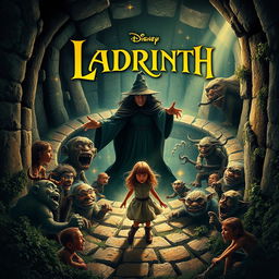 A captivating movie poster depicting a young girl courageously searching for her brother in a fantastical labyrinth