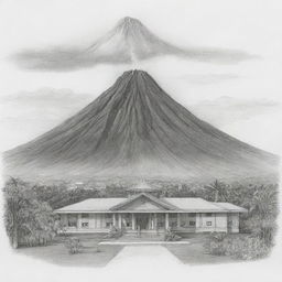 A meticulous sketch of a school's mission and vision represented symbolically, with the majestic Mayon Volcano serving as the backdrop