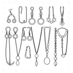 A cute coloring page featuring an array of stylish earrings and necklaces beautifully arranged against a dotted line background