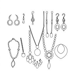 A cute coloring page featuring an array of stylish earrings and necklaces beautifully arranged against a dotted line background