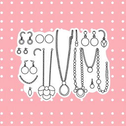 A cute coloring page featuring an array of stylish earrings and necklaces beautifully arranged against a dotted line background