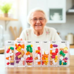 A well-organized weekly pill organizer designed for elderly care, featuring clear compartments labeled for each day of the week