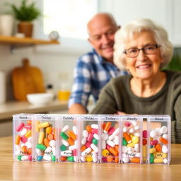 A well-organized weekly pill organizer designed for elderly care, featuring clear compartments labeled for each day of the week