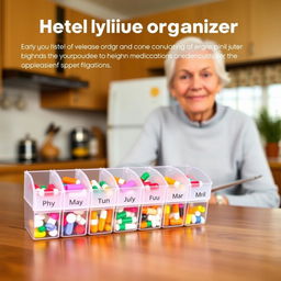 A well-organized weekly pill organizer designed for elderly care, featuring clear compartments labeled for each day of the week