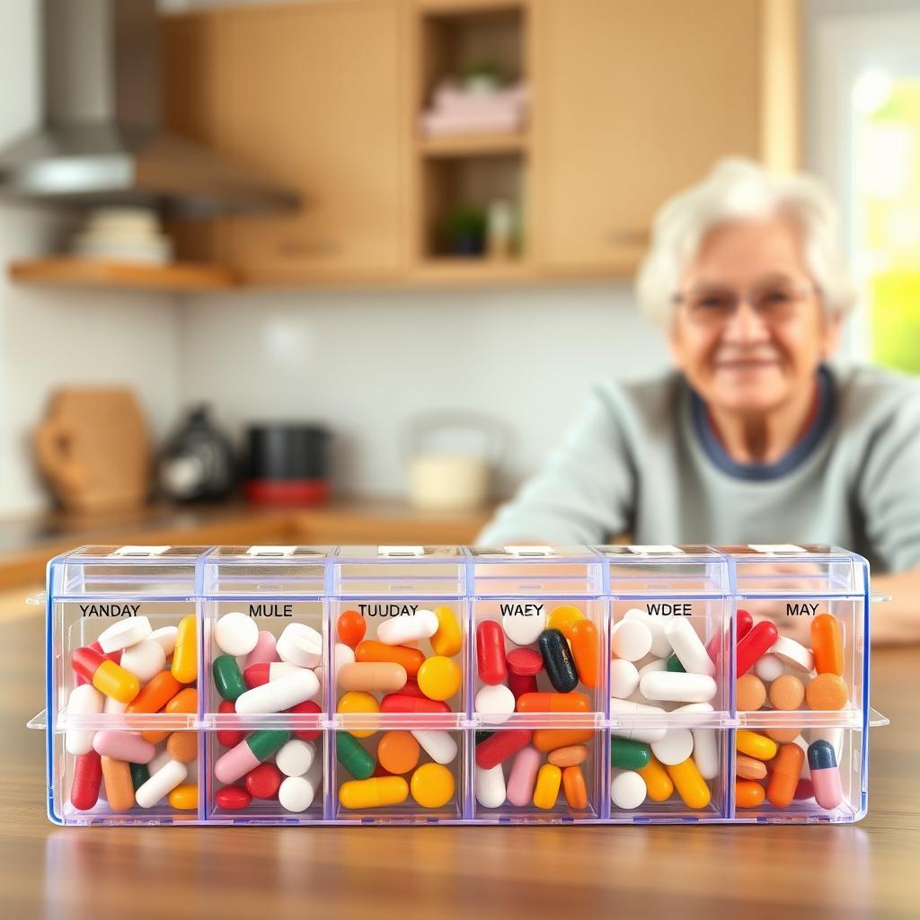 A well-organized weekly pill organizer designed for elderly care, featuring clear compartments labeled for each day of the week