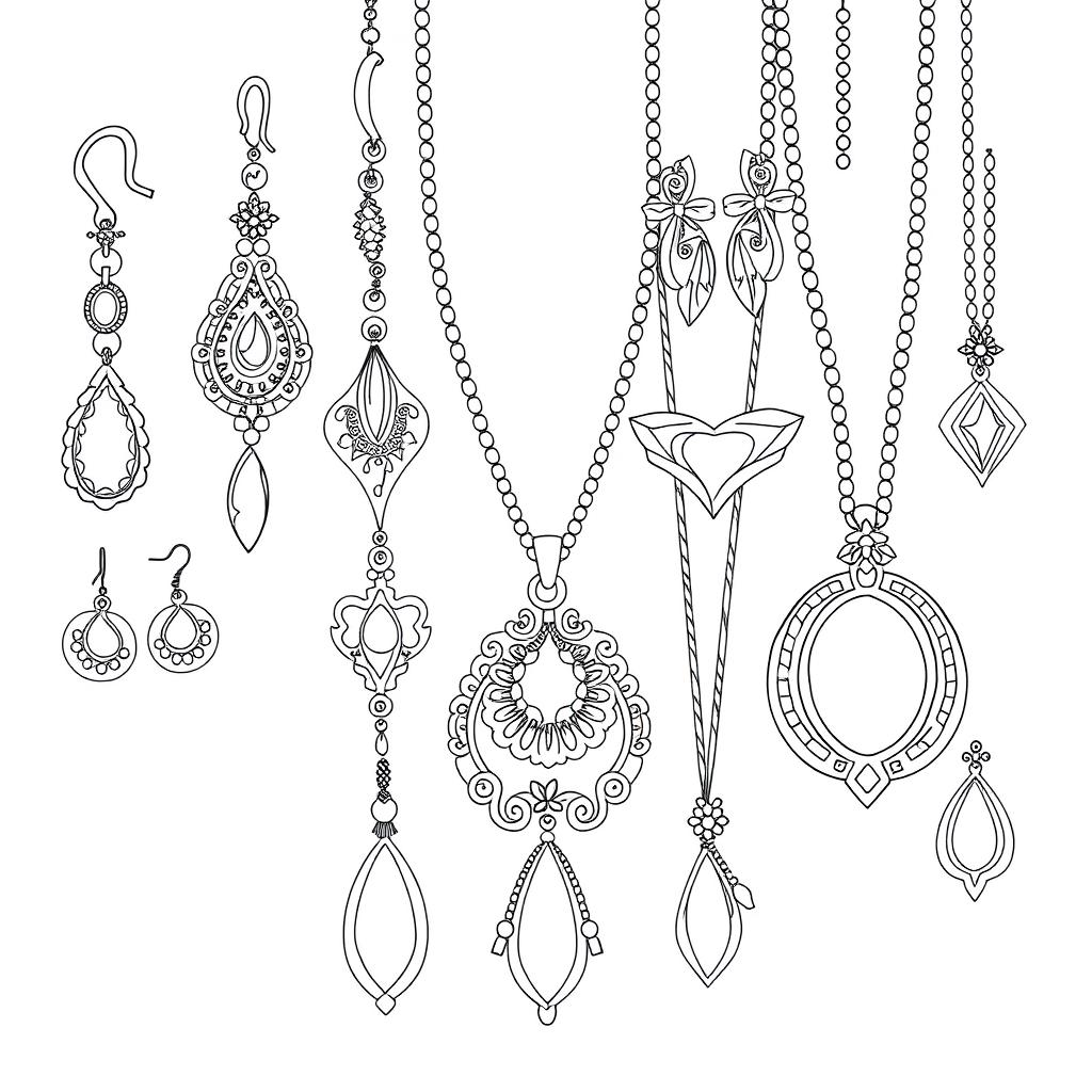 A cozy coloring page featuring a variety of earrings and necklaces elegantly arranged on a dotted line background