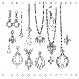 A cozy coloring page featuring a variety of earrings and necklaces elegantly arranged on a dotted line background