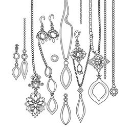 A cozy coloring page featuring a variety of earrings and necklaces elegantly arranged on a dotted line background