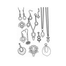 A cozy coloring page featuring a variety of earrings and necklaces elegantly arranged on a dotted line background