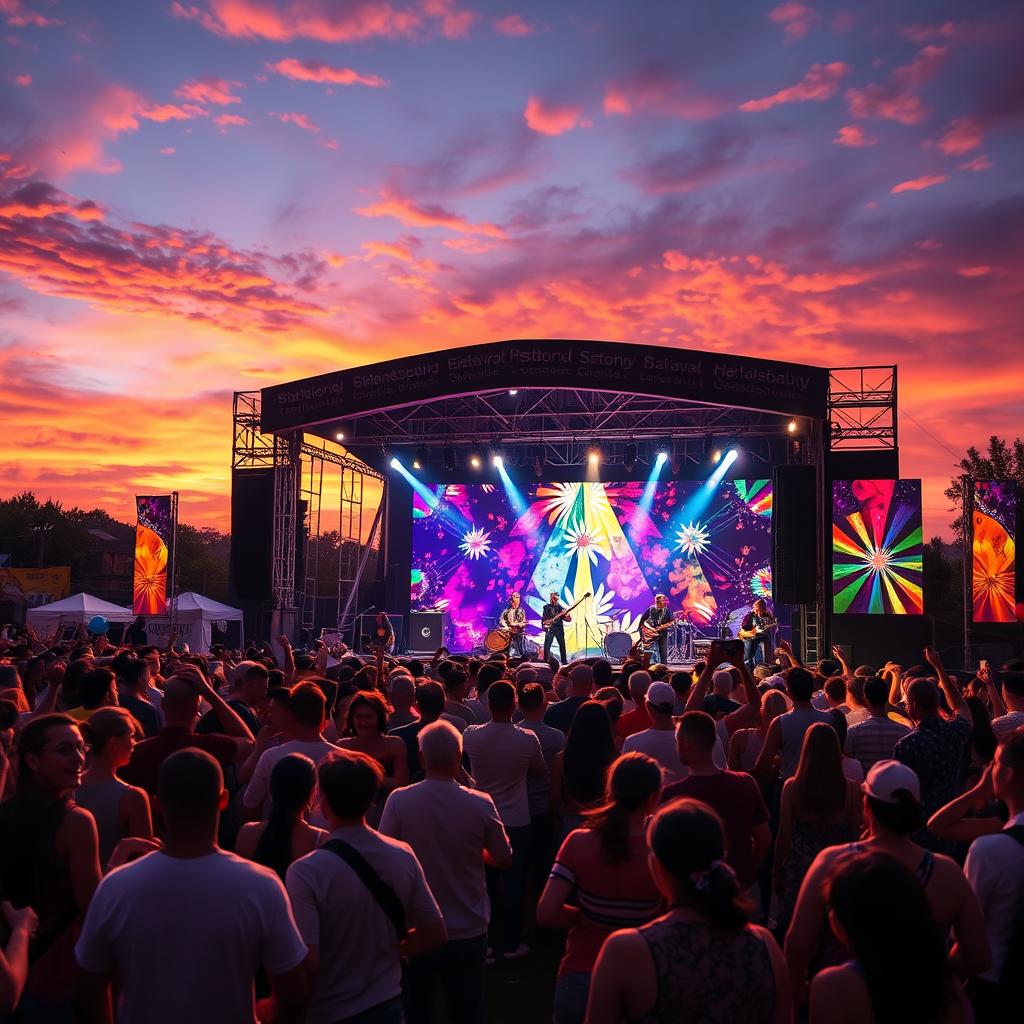 An enchanting scene depicting a jubilant musical festival at sunset, with vibrant light projections on a large stage where a charismatic band is performing