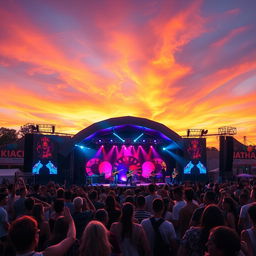 An enchanting scene depicting a jubilant musical festival at sunset, with vibrant light projections on a large stage where a charismatic band is performing