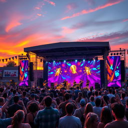 An enchanting scene depicting a jubilant musical festival at sunset, with vibrant light projections on a large stage where a charismatic band is performing