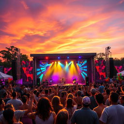 An enchanting scene depicting a jubilant musical festival at sunset, with vibrant light projections on a large stage where a charismatic band is performing