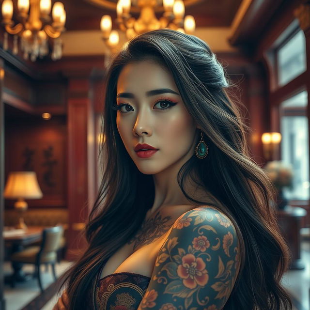 An extremely attractive Japanese lady with long, flowing hair and stunning makeup, beautifully adorned with intricate tattoos inspired by traditional Japanese art