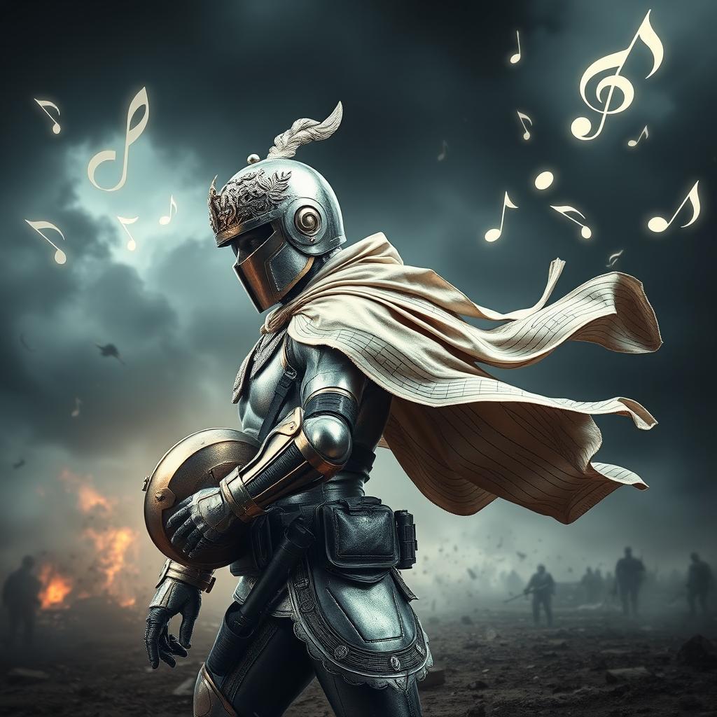 A surreal and striking image of a musical note transformed into the body of an elite warrior or soldier