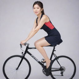 A beautiful woman with a Japanese face, practicing cycling, her normal body dressed in form-fitting attire, caught in a pedal motion, viewed from the rear, full body shot.