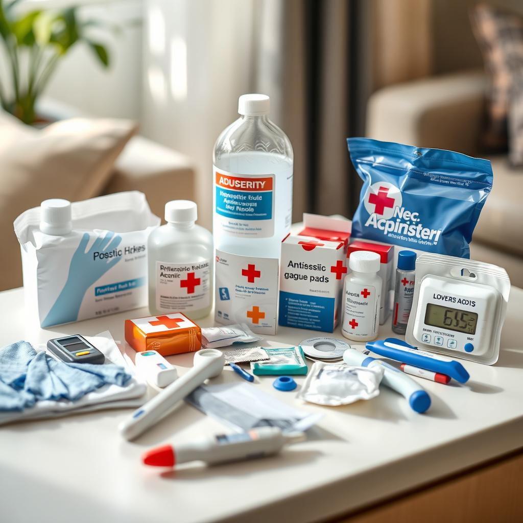 A well-organized medical supplies setup for elderly care, featuring essential items like disposable gloves, antiseptic alcohol, sterile gauze pads, digital thermometers, and additional first aid materials neatly arranged on a clean, accessible surface