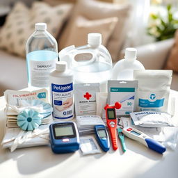 A well-organized medical supplies setup for elderly care, featuring essential items like disposable gloves, antiseptic alcohol, sterile gauze pads, digital thermometers, and additional first aid materials neatly arranged on a clean, accessible surface