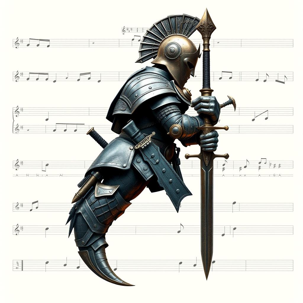 A musical note designed as the body of an elite warrior or soldier, featuring intricate details like armor plating, tactical gear, and weapons beautifully integrated into the shape of the note