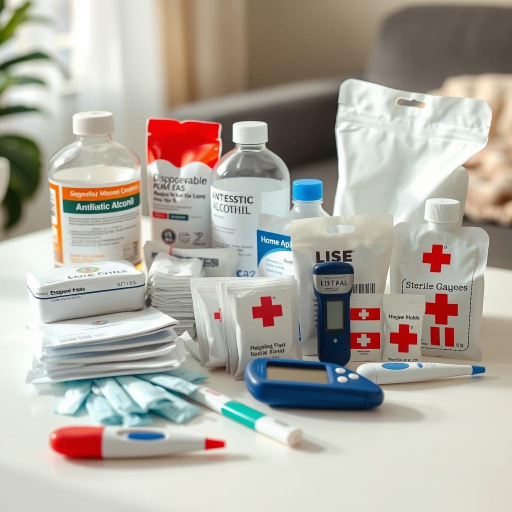 A well-organized medical supplies setup for elderly care, featuring essential items like disposable gloves, antiseptic alcohol, sterile gauze pads, digital thermometers, and additional first aid materials neatly arranged on a clean, accessible surface