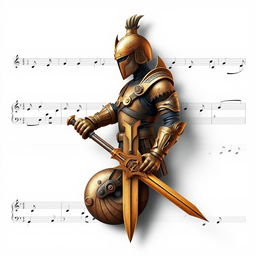 A musical note designed as the body of an elite warrior or soldier, featuring intricate details like armor plating, tactical gear, and weapons beautifully integrated into the shape of the note