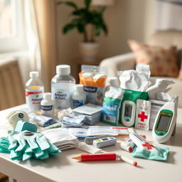 A well-organized medical supplies setup for elderly care, featuring essential items like disposable gloves, antiseptic alcohol, sterile gauze pads, digital thermometers, and additional first aid materials neatly arranged on a clean, accessible surface