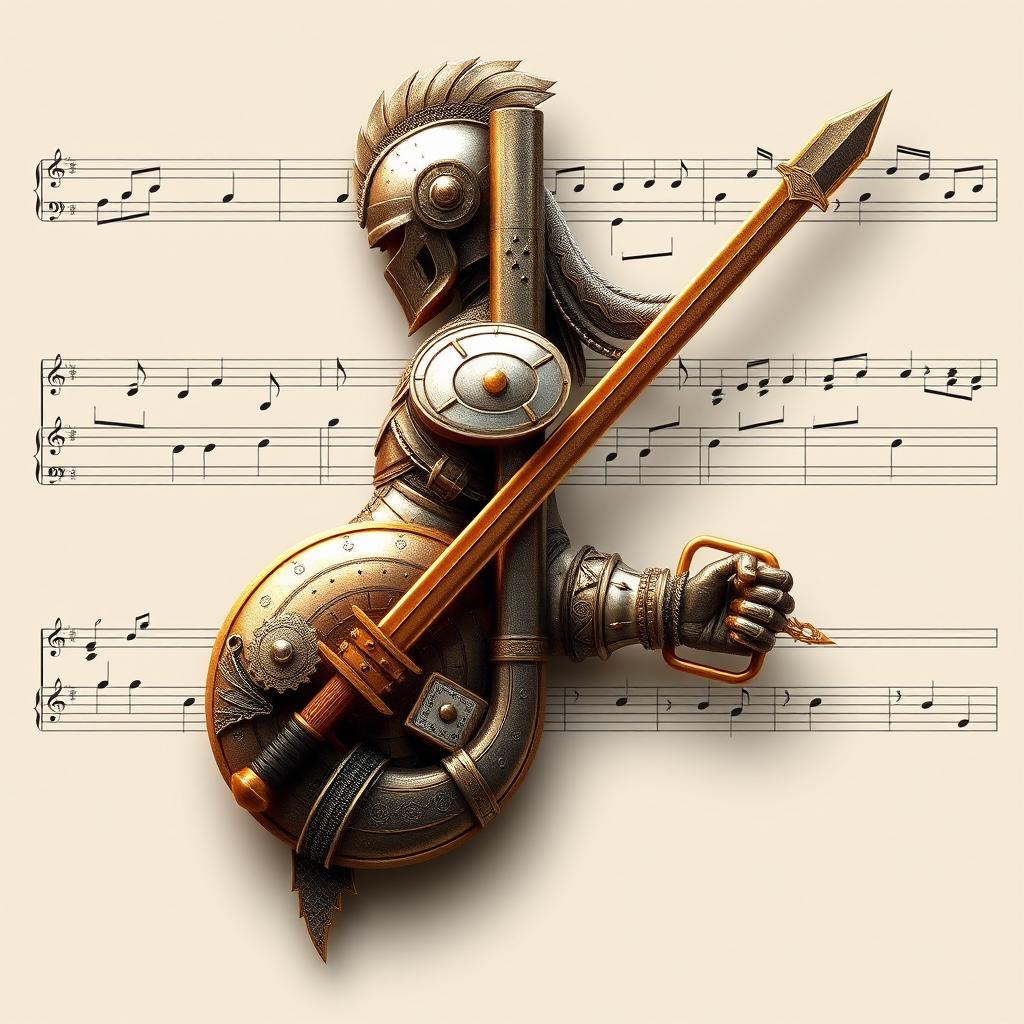 A musical note designed as the body of an elite warrior or soldier, featuring intricate details like armor plating, tactical gear, and weapons beautifully integrated into the shape of the note